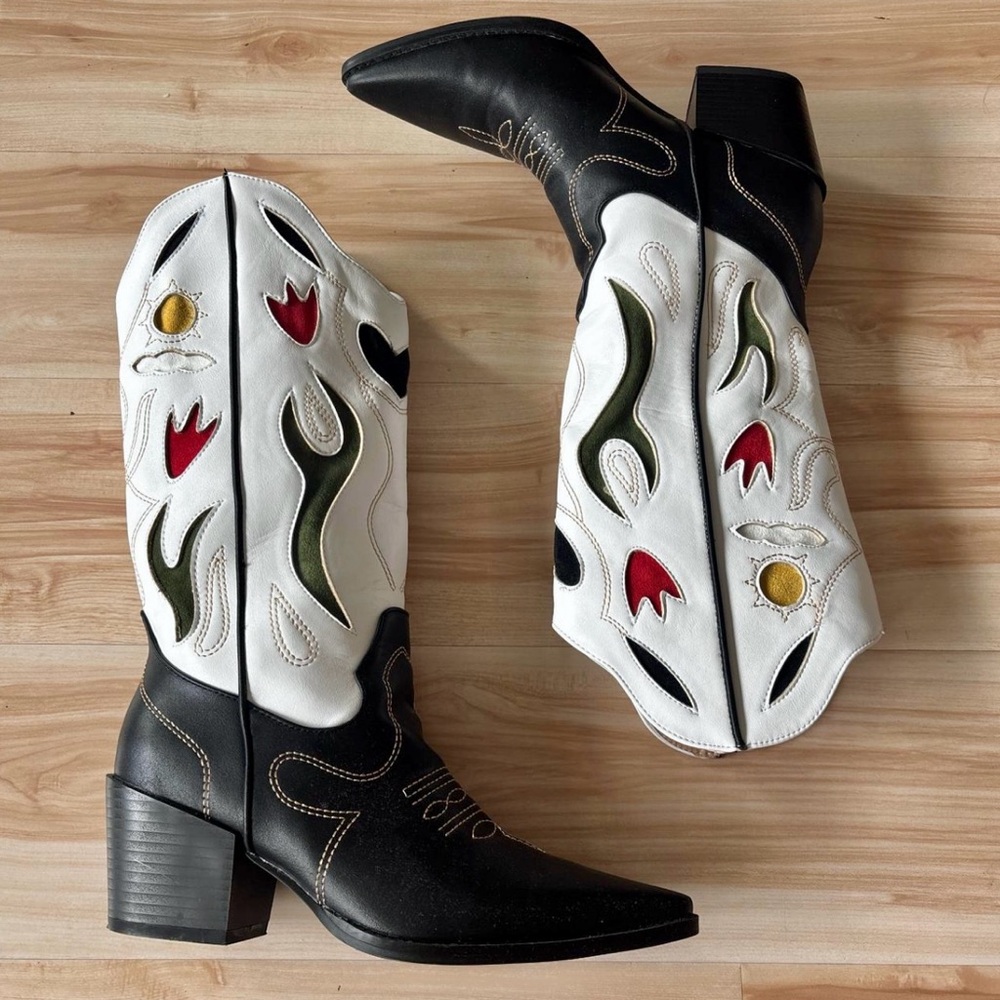 Princess Polly Black and White Embroidered Western Boots